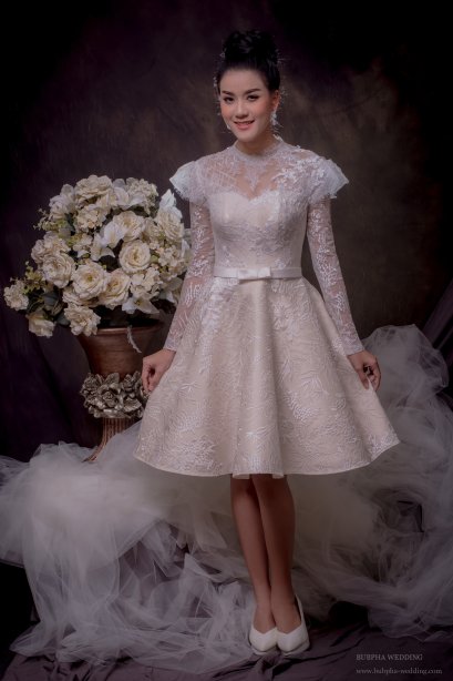 ชุดหมั้นเดรสสั้น สี แชมเปญ ทรงA  Minimal ชุดที่ 2