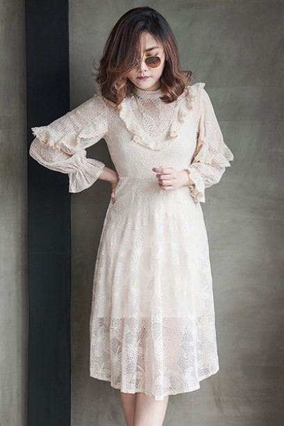 D11112 Long Lace Dress Cream