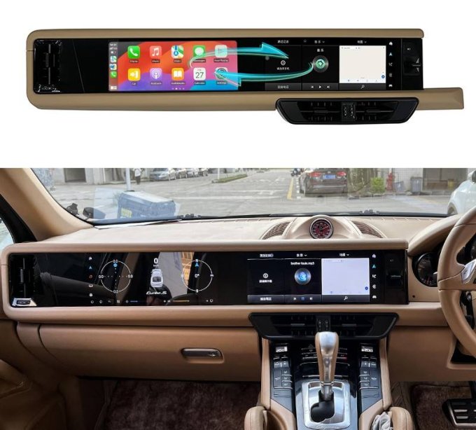 เครื่องเล่นดีวีดีติดรถยนต์แบบคู่ ขนาด 12.3 นิ้ว ระบบแอนดรอยด์ พร้อมหน้าจอสัมผัส ระบบนำทาง GPS และ Carplay สำหรับรถยนต์ Porsche Cayenne พวงมาลัยขวา ปี 2010-2017