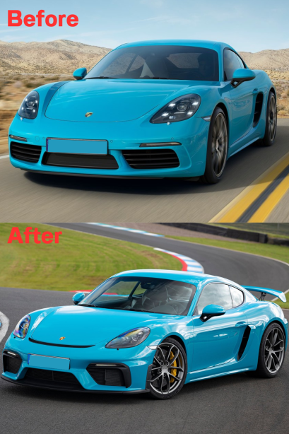 ชุดแปลงสำหรับ Porsche 718 Cayman/Boxster รุ่น 982 อัพเกรดเป็น GT4 ฟีสลิฟต์ รวมกันชนหน้า-หลัง, ดิฟฟิวเซอร์, ปลายท่อไอเสีย และชุดแต่ง