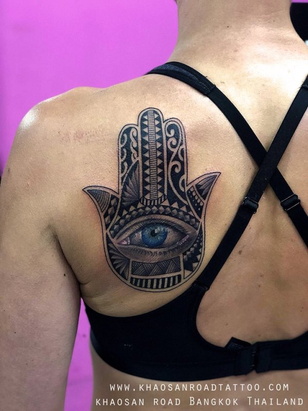 Hamsa tattoo symbolizes the Hand of God. Hand of Fatima. It brings it's owner happiness, luck, health, and good fortune. - khaosanroadtattoo