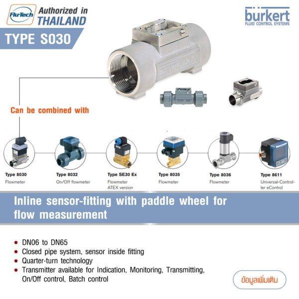 BURKERT TYPE S030 Inline sensorfitting with paddle wheel for flow