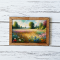 miniature landscape painting in a wooden frame, depicting a serene meadow, perfect for dollhouse room decor