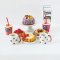 Handcrafted miniature dessert set with a colorful cake, pastries, pancakes, orange juice, and Fanta drinks, perfect for dollhouse bakery or kitchen displays.