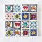 Handcrafted miniature ceramic tiles with heart, floral, and sun patterns in vibrant colors. Set of 16 pieces, perfect for 1:12 scale dollhouse decor.