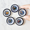 Set of five miniature ceramic plates featuring blue and white rooster designs, perfect for farmhouse-themed dollhouse decor or 1:12 scale collections.