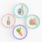 A delightful 4-piece miniature plate set featuring Easter bunny designs with pastel polka-dot borders, decorative eggs, and a cute carrot—perfect for dollhouse displays and festive decor.