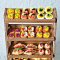 Dollhouse Miniature Showcase with 52 Bakery Bread Pie Tart on Wood Wooden Cabinet Furniture Bakery Display Decoration