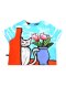 เสื้อครอปสีฟ้า : ลายแมวน้อยน่ารักและกระถางดอกไม้สีม่วง