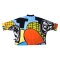 Woman Bat Wing Shirts - Multicolor : Yellow grid lines and muticolor shapes