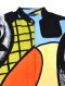 Woman Bat Wing Shirts - Multicolor : Yellow grid lines and muticolor shapes