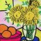 Over size t-shirt - Yellow : Colorful fruit plates beside a sunflower vase on the dining table.