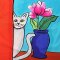 Woman Dress - Blue : White Cat With Tulips Flower