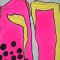 Grey Caftan : Black Dots with Abstract Pink and Yellow