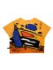 เสื้อครอปผู้หญิง - สีส้ม : ลายกราฟฟิคแอปสแตรคสีดำและน้ำเงิน