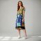 เดรสผู้หญิงแขนสั้น - สีน้ำตาล : ลายแอปสแตรคจุดสีดำและวงกลมสีน้ำเงิน