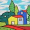 Woman Dress - Blue : Multicolor houses in the garden