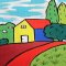 Woman Dress - Blue : Multicolor houses in the garden