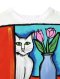 Woman blouse - White : Charming cat and purple flowerpot