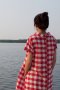 สตรีทแฟชั่น  Super Oversized Red & White Plaid Dress Shirt