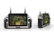 White and black handheld integrated ground station with map  background screen with antenna
