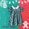 PETERPAN COLLAR BUTTONS BACK PUFF SHORT SLEEVES CHRISTMAS GREEN DRESS 100% PRINTED COTTONN