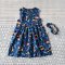 BUTTONS BACK DRESS NAVY BLUE DINO 100% PRINTED COTTON*HEADBAND NOT INCLUDED