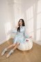 DI15902 Azami Bluebell Dress เดรสเปิดไหล่แขนยาว ผ้าซาติน ลายดอก สีฟ้า