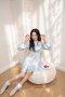 DI15902 Azami Bluebell Dress เดรสเปิดไหล่แขนยาว ผ้าซาติน ลายดอก สีฟ้า